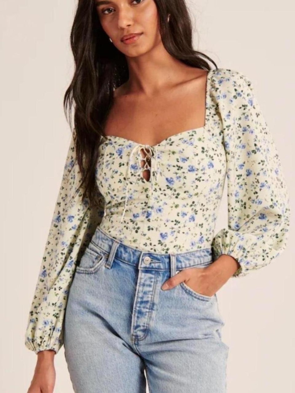 Abercrombie & Fitch Floral Lace-Up Square Neck Long Sleeve Cream/Blue Blouse